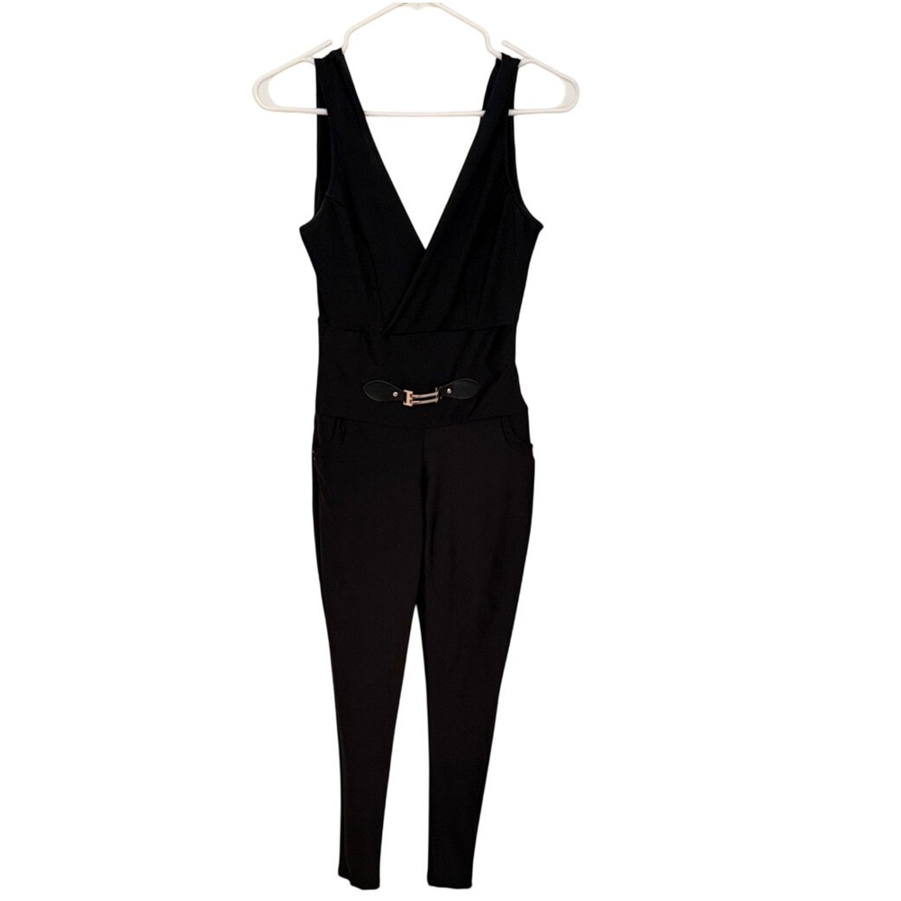Womens Black Sleeveless V Neck Jumpsuit with Gold Buckle Detail Slim Fit Leg